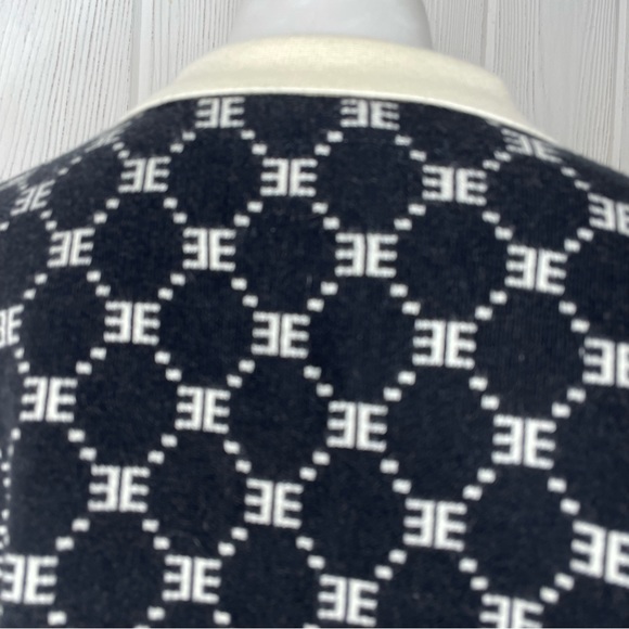 Ell And Emm Monogram Knit Sweater M Black Ivory Collared Quarter Button EE - Picture 7 of 11